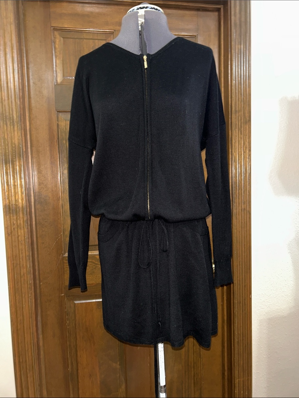 Calvin Klein Black Long-Sleeve Zip Front Sweater Drawstring Waist Dress